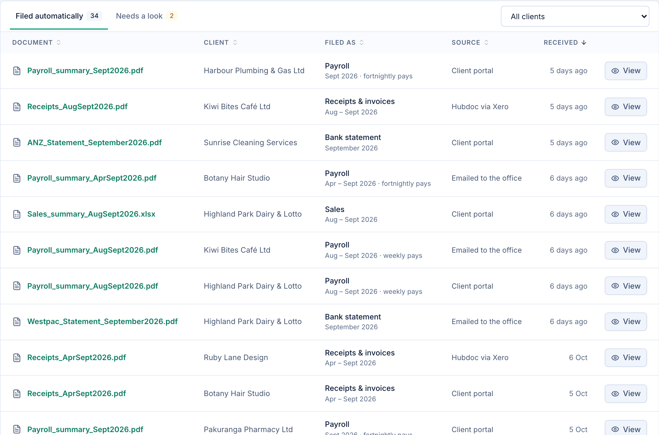 The documents list, with every file filed by client, type and period